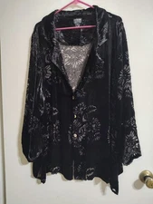 Citron Santa Monica Black Floral Sheer Velvet Burnout Tunic Top Shirt Size 3X 