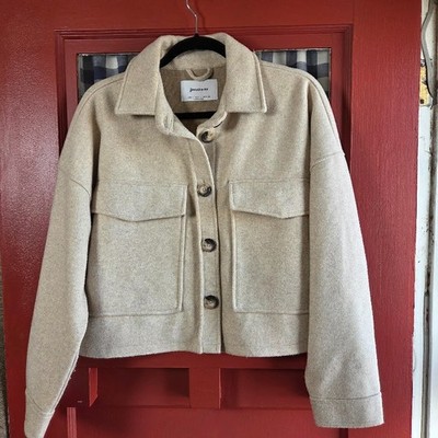 Stradivarius Women's Cream Long Sleeve Jacket Pockets Button Front Cropped Sz L