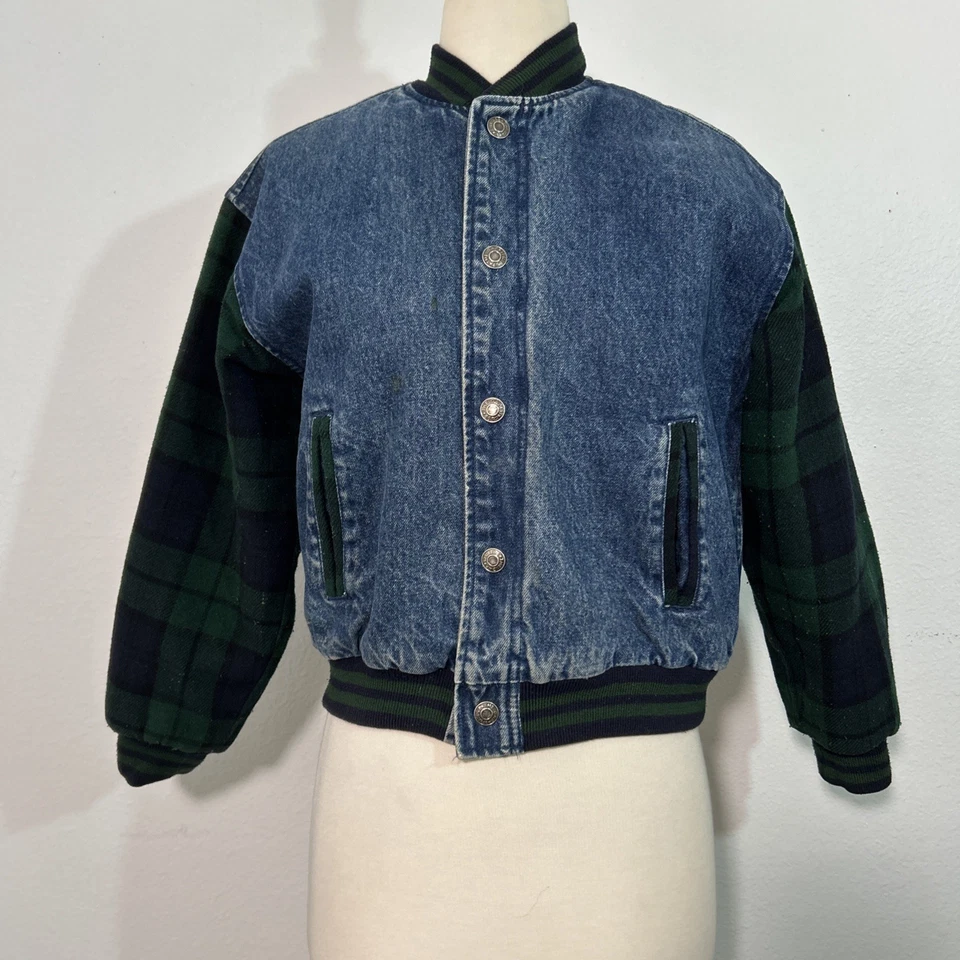 复古 GAP 牛仔轰炸机夹克儿童 L 校格子袖复古 Y2K 90 年代 — 第 2/4 张图片