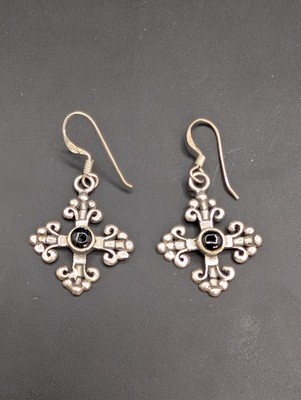 Vintage 925 Sterling Silver CM Fleur De Lis Cross Earrings Black Onyx 3.69g