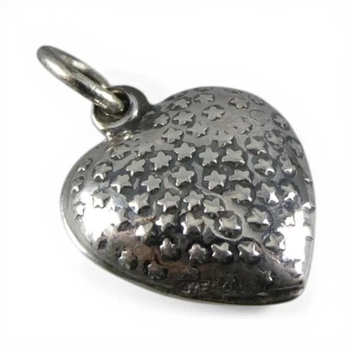Sterling Silver Puffy Heart Charm for Bracelet Stars Constellation Vintage 16