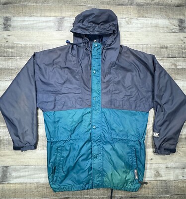 Helly Hansen Jacket Mens Medium Blue Hooded Drawstring Waist Outdoor Windbreaker