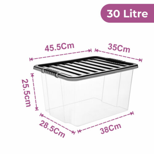 Plastic Storage Boxes with Black Lids Durable Stackable Home Office Clear Box UK - Picture 10 of 14
