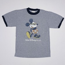 Vintage Walt Disney World WDW Tropical Mickey Mouse Ringer Tee Gray Small Unisex