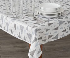 Holiday Trees Fabric Tablecloth White  Gray Winter Christmas Snowflake 3 sizes