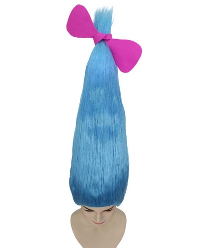 Adult Women's Long Halloween Animated Blue Pop Troll Wig with Pink Bow HW-6949A - Picture 7 of 9