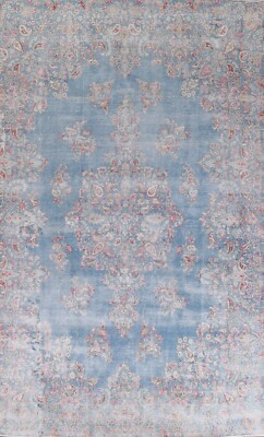 Vintage Muted Kirman Evenly Low Pile Area Rug 9x14 Distressed Hand-knotted Wool