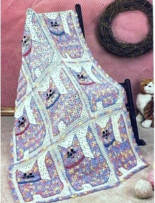Vintage Calico Kätzchen Überwurf Decke Häkelanleitung PAPIERKOPIE Warmhalten Neu