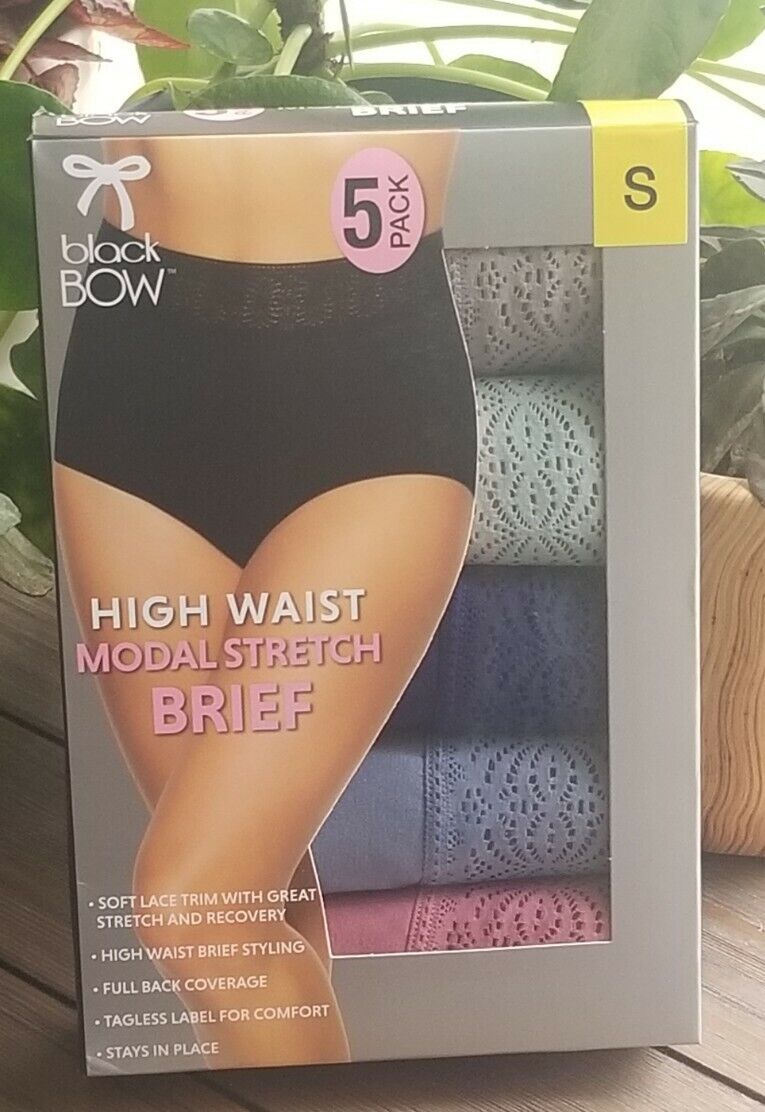 New Women Black Bow High Waist Modal Stretch Brief With Lace 5 Pack Panties