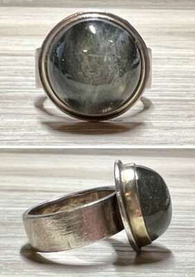 Vintage Designer Hallmarked Sterling Silver & 14K Gold Labradorite Ring, Size 5