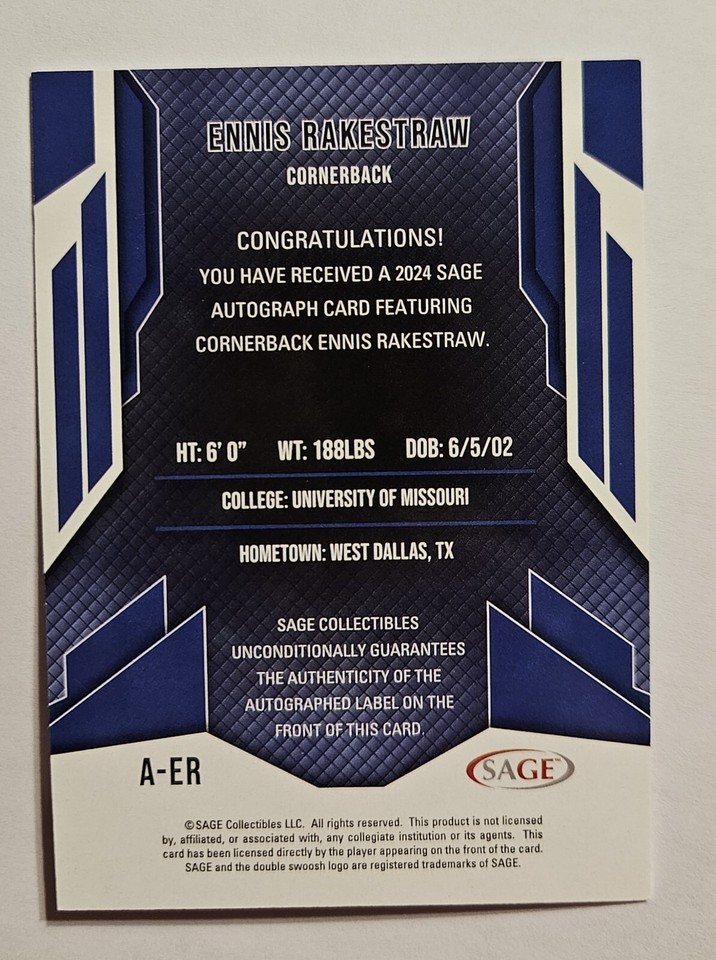 Ennis Rakestraw 2024 Sage High Series Silver Rookie Auto Detroit Lions RC eBay