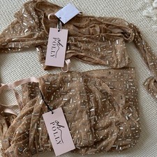 Oh Polly Sheer Embellished Long Sleeve Square Neck Crop top & V-Waist gown skirt