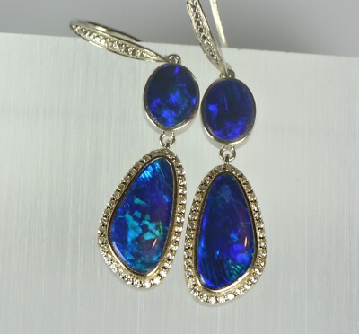Stunning Opal Earrings Australian Natural Gemstone Dangle Drops Hook Blue Ocean