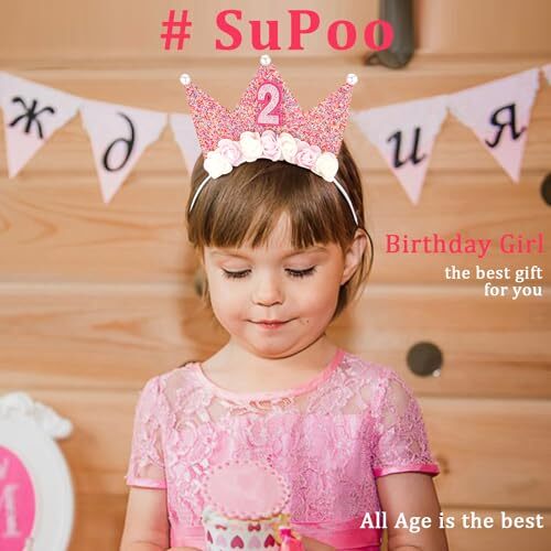 2nd Birthday Decorations for Girl - Headband Crown, Glitter Hair 2nd Headband - Picture 3 of 8