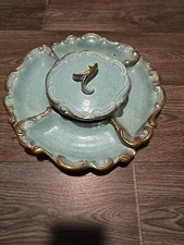 Blue/gold California Pottey Made In USA  Chip/Veggie Trays, Dip Bowl/Lid  