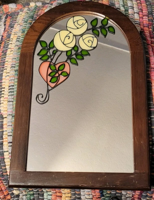 Vintage Handpainted Arched Mirror Wooden Stained Glass Wall Hanging Floral - Image 2 of 4
