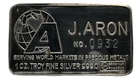 J. Aron RARE 1 oz 999 Fine Silver Bar Swiss Troy Ounce Vintage HUNT BROTHERS Era