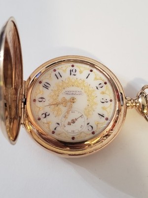  WALTHAM 6S 15J SUPER FANCY O'HARA MULTI-COLOR DIAL NEAR MINT 14K G.F. HUNTER. 