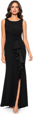 Betsy & Adam Long Bodycon Sleeveless Boat Neck Evening Gown Side Slit Ruffle Blk