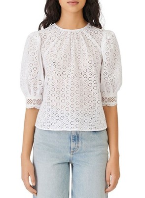 Maje Womens Lilou Gathered Broderie Anglaise Cotton Top Small |1 FR Ecru - NWT