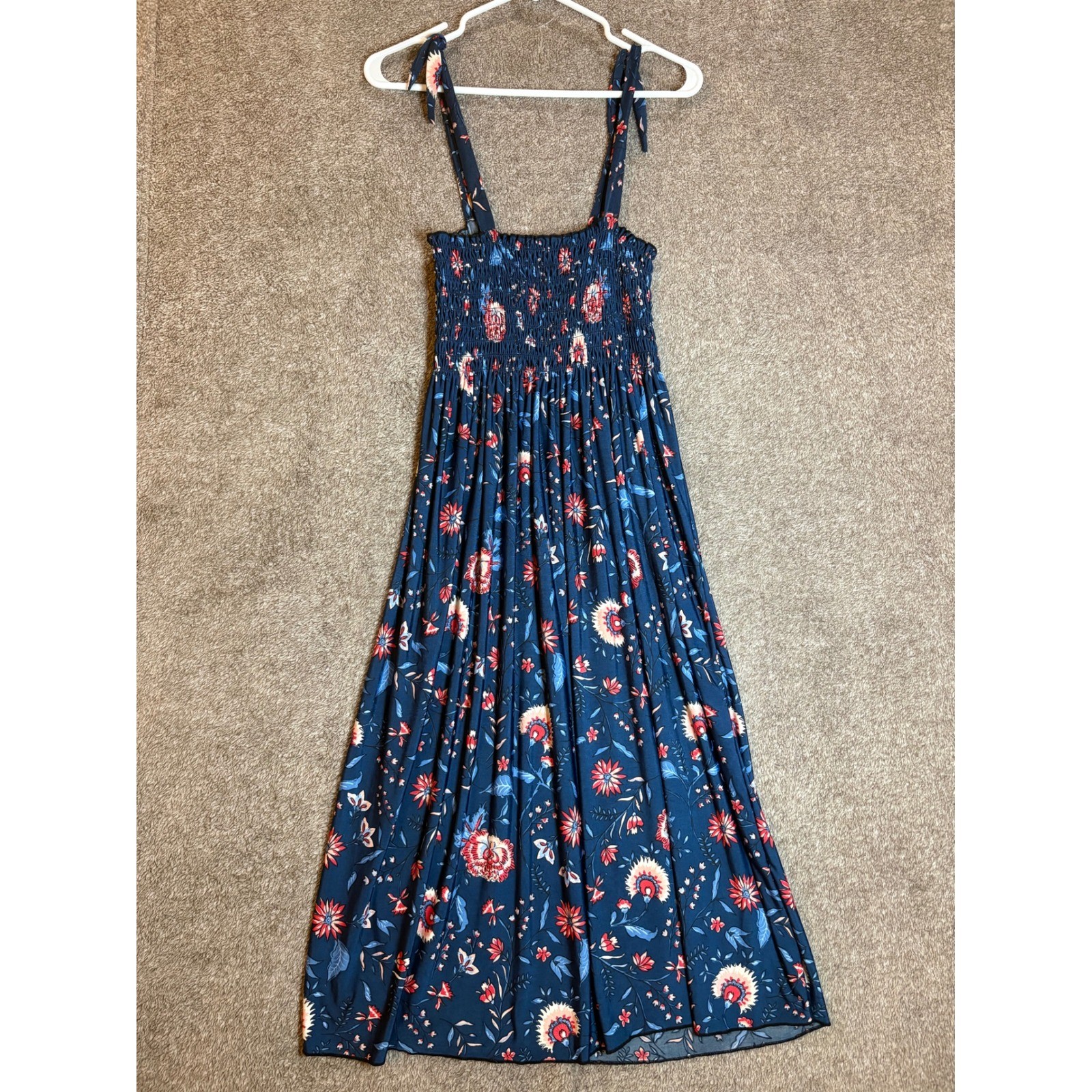 Lildy Women's Smocked Bodice Floral Maxi Dress Adjustable Tie Straps S M