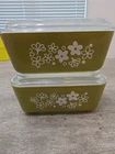 2 Vintage PYREX 502 Spring Blossom Crazy Daisy Avocado Green Dish W Lid 1  1/2pt