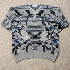 VINTAGE Pattern Jumper Mens Large Grey Abstract Art 90s Patterned Knit Sweater