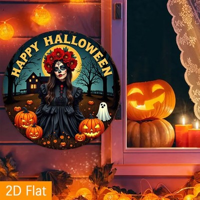 Classic Halloween Lady Ghost Design Round Aluminum Sign 8x8