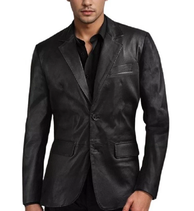 Leather Blazer Jacket Men's Coat Genuine Soft Men Two Real Button New Black 3