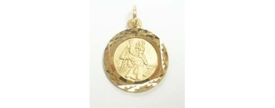 Vintage 80's - 9ct Gold Small Round Diamond Cut Edge St. Christopher Pendant