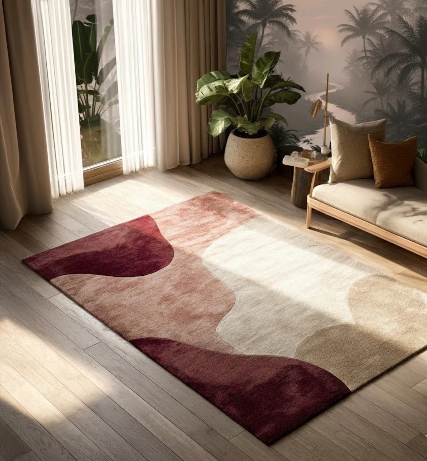Hand-Tufted Wool Blend Rug Modern Abstract Wavy Design, 6x9 Burgundy Pink Cream