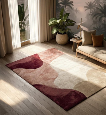 Hand-Tufted Wool Blend Rug Modern Abstract Wavy Design, 6x9 Burgundy Pink Cream