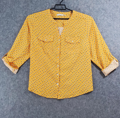 Notations Blouse Womens 1X Yellow Polka Dot Button Front Roll Tab Sleeve Top