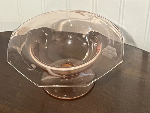 Vintage Pink Depression Etched Glass Footed Candy Dish With Rolled Edges Floral