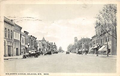 H61/ Delavan Wisconsin Postcard c1919 Walworth Ave Stores Autos  184