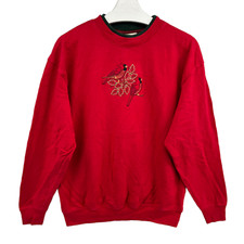 Vintage Sweatshirt Cottage Grandma Core Red Cardinals Embroidered Sz L Green
