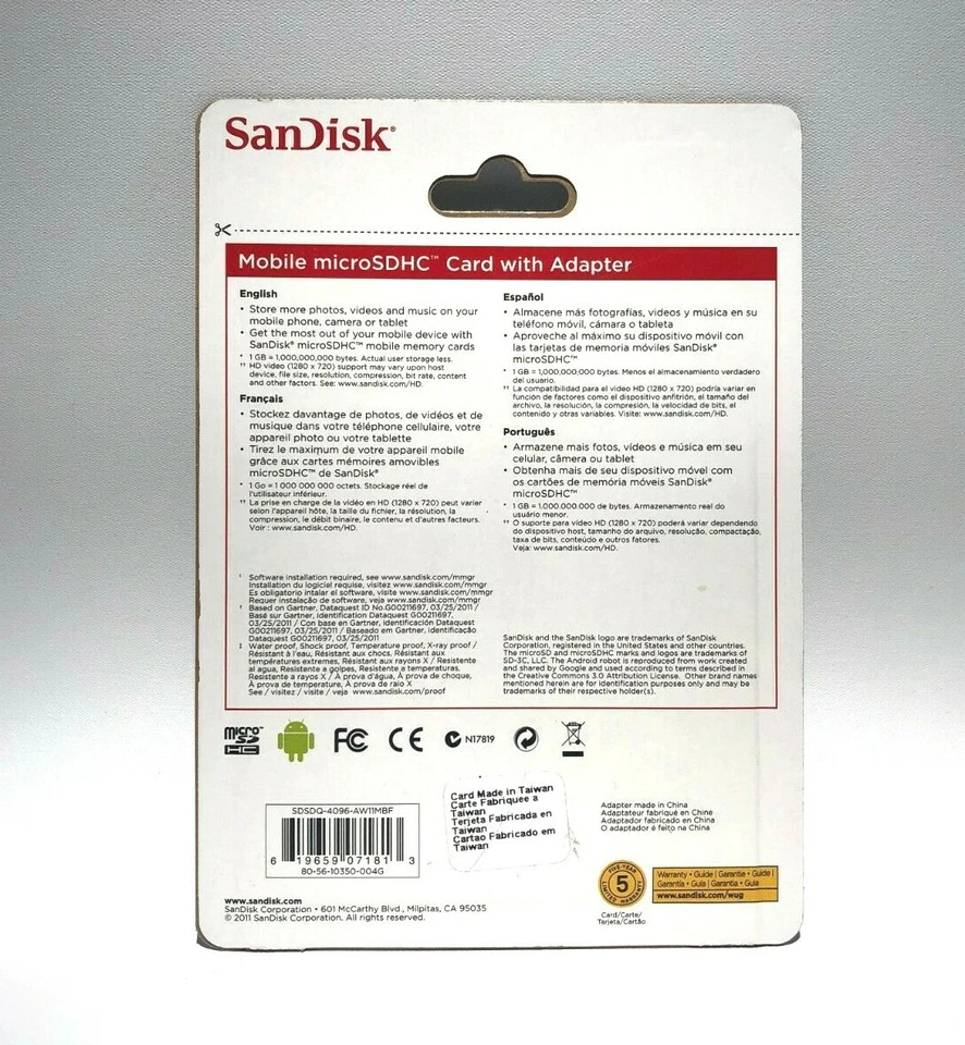 SanDisk MicroSDHC Card With Adapter 4GB ~ NEW IN PACKAGE - Image 2 of 2
