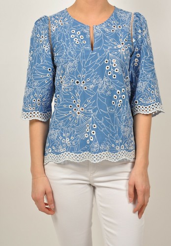 Suncoo Embroidered Cotton Blouse Paris Lafontaine Size 8 Uk BNWT RRP €98 Blue - Picture 2 of 7
