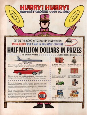 Vintage advertising print Gas Oil GULF Put a Hat in 5the Ring Contest Hurry 1960