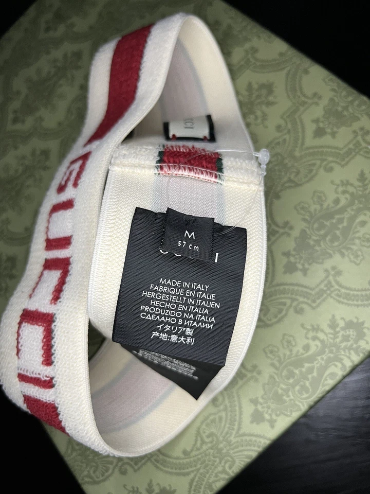 GUCCI 弹性头带 头巾 头巾 标志 白色 红色条纹 M 尺寸 57 厘米 — 第 3/4 张图片