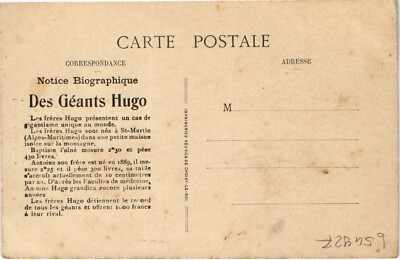 Carte Postale Vintage Cirque - PC Circus, Disproportions Du Géant HUGO (b55119)