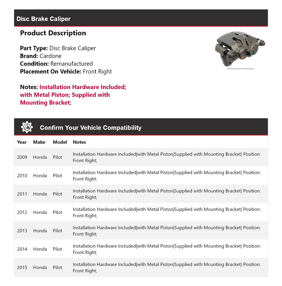 Pinza de freno de disco delantera derecha Cardone 2010 2011 2012 para Honda Pilot 2009-2015 Foto 2 de 4