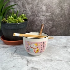 5" Lucky Money Cat White Ceramic Ramen Noodle Rice Bowl gift set of 3 piece