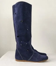 Blue Suede Boots Flower Cutouts Flat Soles Costal Cowgirl Boho Size 40 Summer