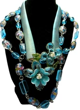 SUMARIS Aqua Blue Glass Danny Pollak Aluminum Chain Vintage Brooch Necklace