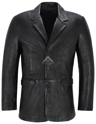 Herren Leder Blazer Schwarz Klassisch Italienisch Maßgeschneidert Weich Echtleder Slim Jim