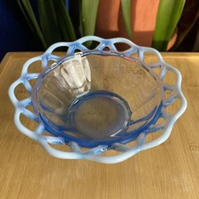 IMPERIAL GLASS KATY BLUE OPALESCENT MILKY LACE EDGE PANELED SMOOTH BOWL DISH