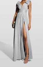 $395 Basix Women's Silver Metallic Bow-Shoulder Empire Gown Sz 2