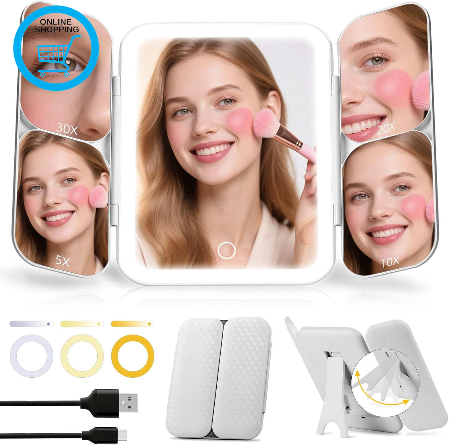 Tri-Fold Vanity Mirror with Lights, 1X Full Face & 5X/10X/20X/30X Magnification