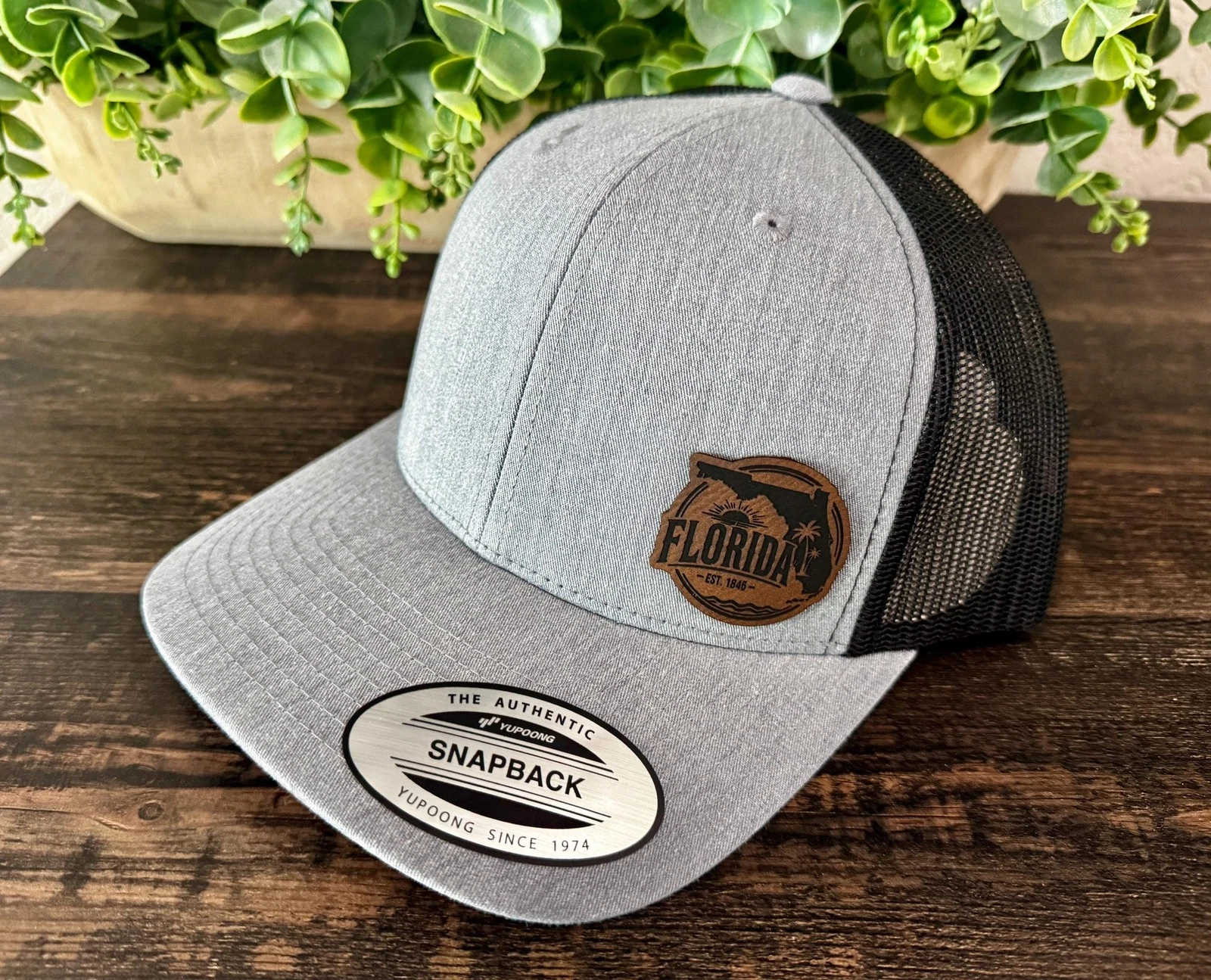 Florida Leather Patch Snapback Trucker Hat State Outline Est 1845 Design Sunshin